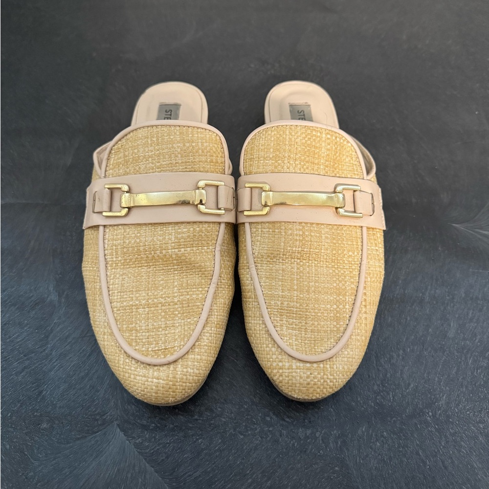 Steve Madden Beige Raffia Slip On Loafers Mules with Gold Bit Detail